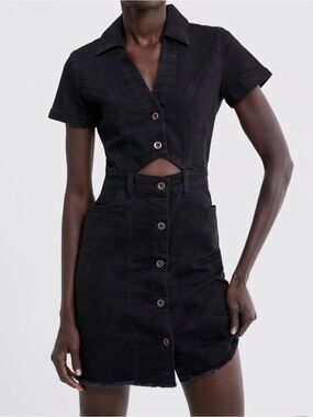 Zara Black Jean Short-Sleeve Button-Front Mini Dress